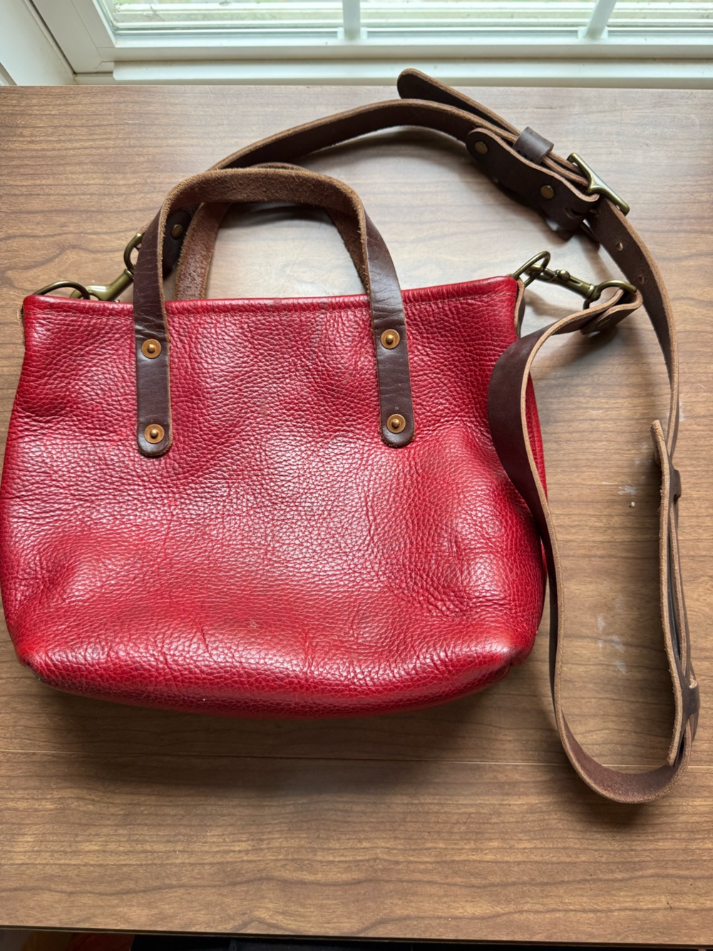 Go Forth Goods Red Pebbled Leather Shoulder Bag with Brown Straps